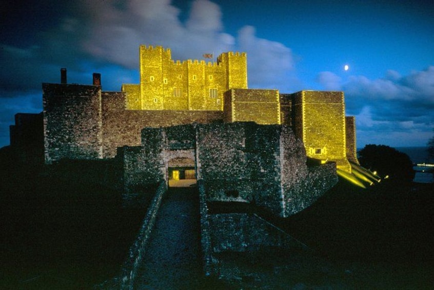 A castle with illuminated walls and a moon in the sky. 4