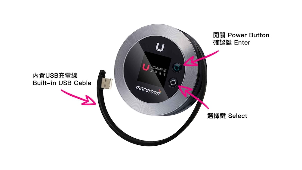 A circular device with a built-in USB cable, a power button, and a select button. 3