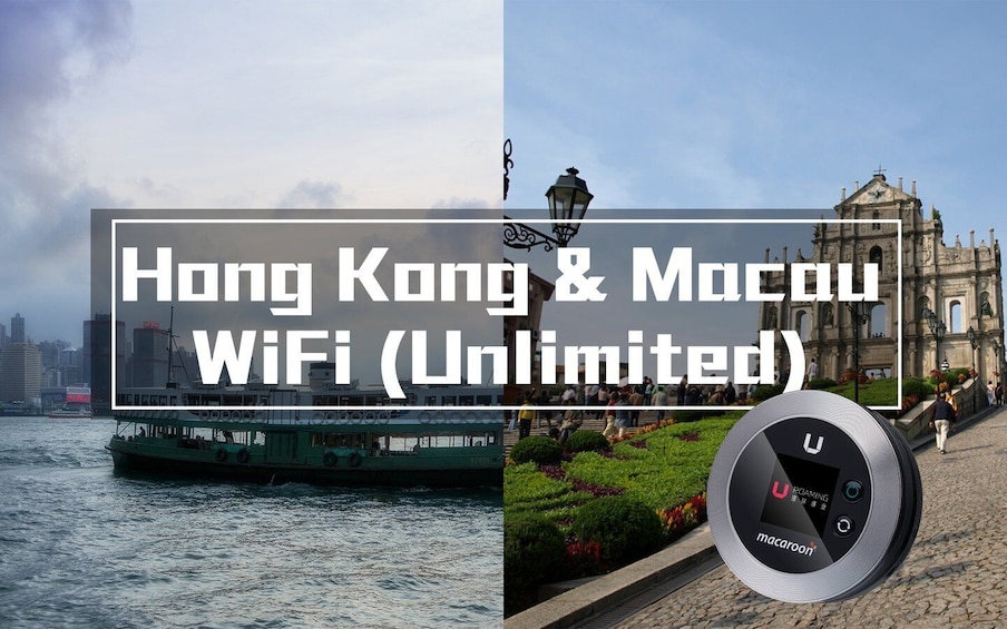 A ferry, a historic building, and a Macaroon WiFi device. 1