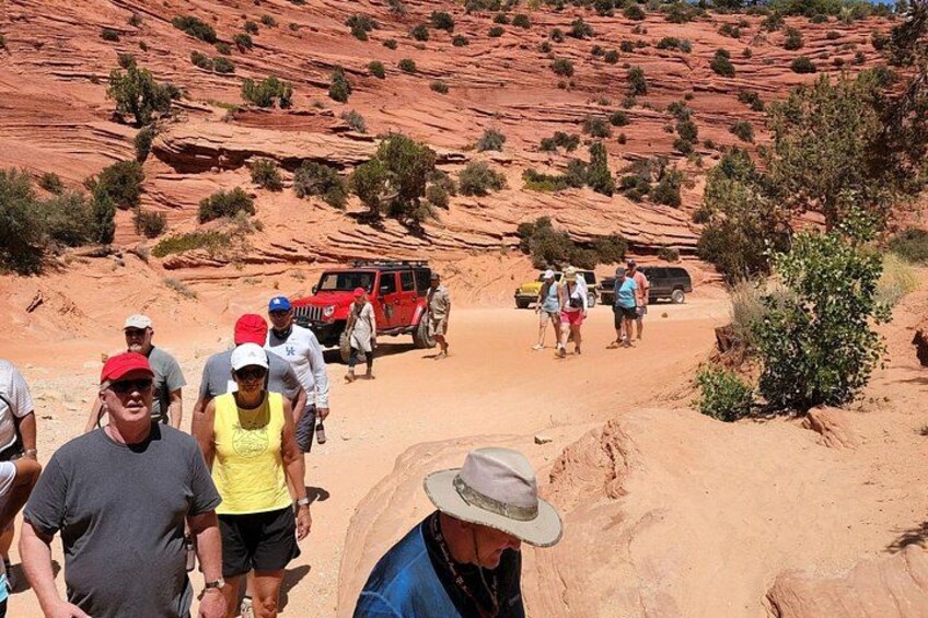 Un gruppo di persone fa un'escursione in un paesaggio desertico con formazioni rocciose rosse. 2