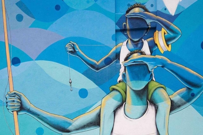 A mural with a figure holding a string and a balance scale. 5