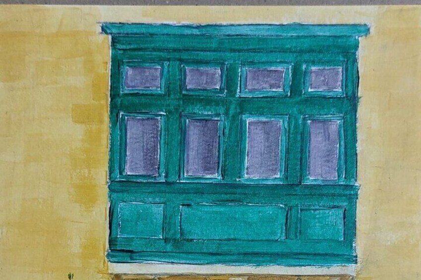 Una pintura de un ventanal con marco verde y vidrios morados. 5