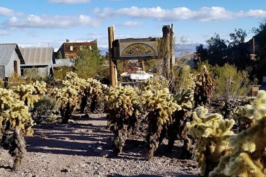 Un paysage désertique avec des cactus et un panneau portant un logo. 2
