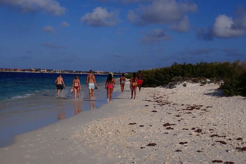 A beach with people walking along the shore, a clear sky, and distant buildings. 5