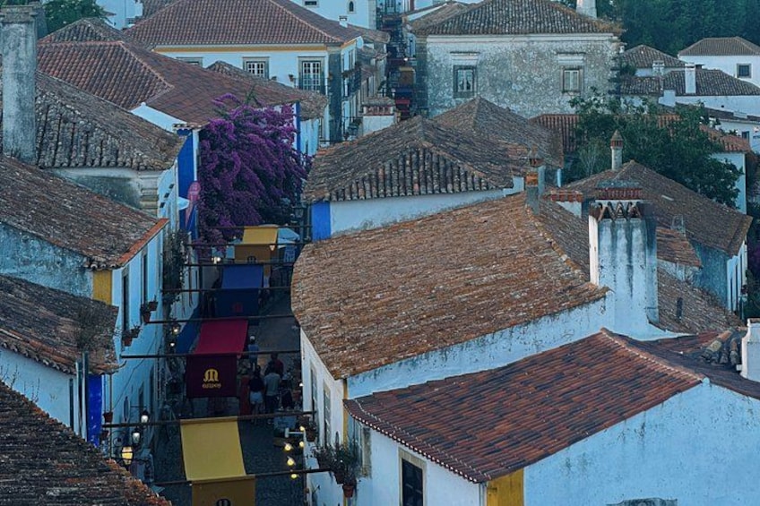 A narrow street with terracotta-roofed buildings, a purple flowering tree, and a yellow awning. 2