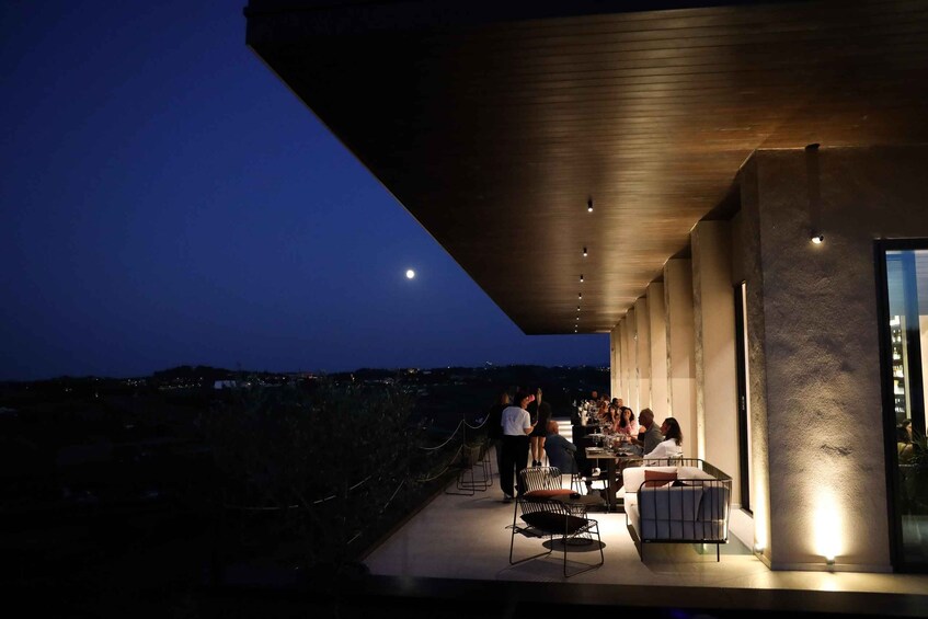 An outdoor dining area with tables and chairs, a wooden ceiling, and a view of the landscape. 1