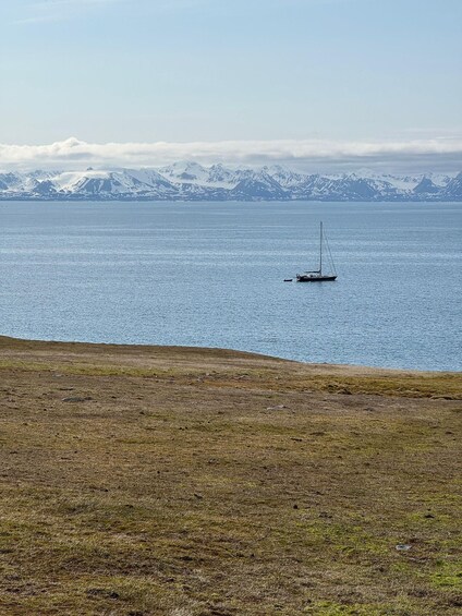 A sailboat on a calm sea with snow-capped mountains in the background. 3