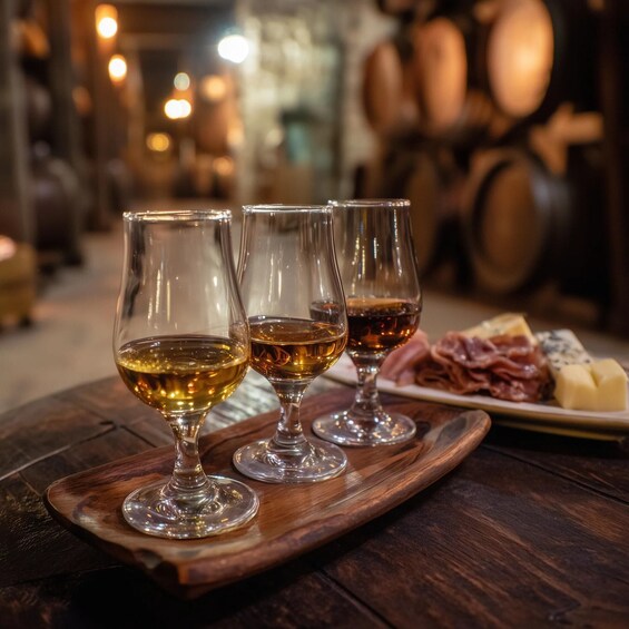 Three wine glasses on a wooden tray with a plate of cheese and ham. 4