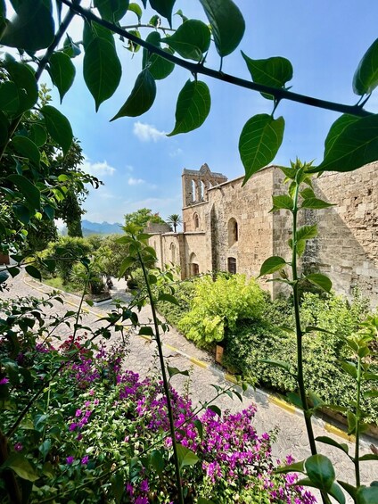 A historic stone building with arched windows and a bell tower, surrounded by lush greenery and vibrant purple flowers. 4