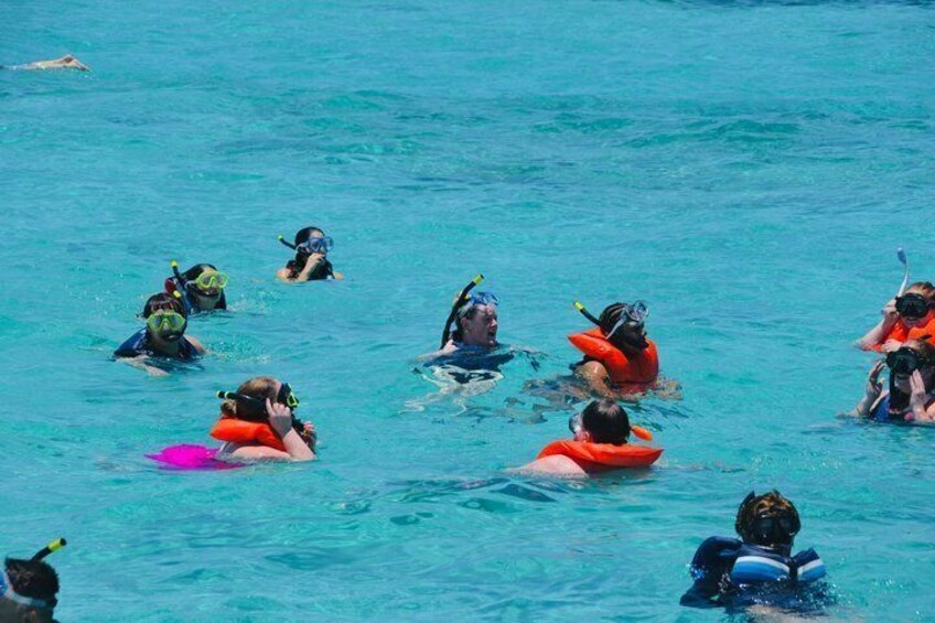 Un grupo de personas haciendo snorkel en aguas azules y transparentes. 3