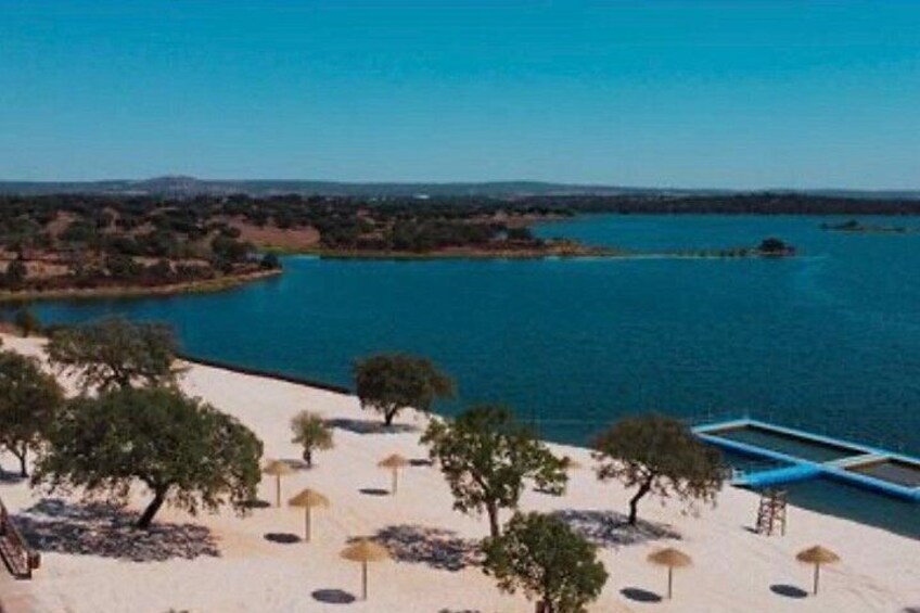 Una playa con árboles, sombrillas y una piscina. 3