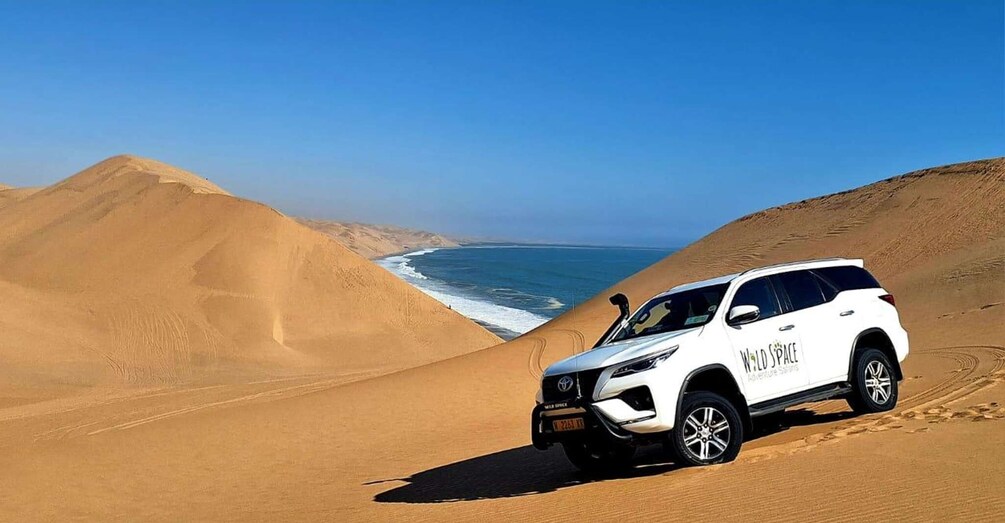 A white SUV with 'WILD SPACE Adventure Safaris' on its side parked on a sand dune with a beach and ocean in the background. 3