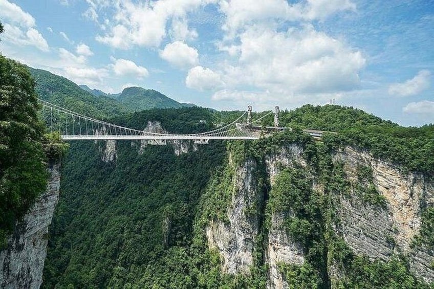 A suspension bridge over a deep gorge with steep cliffs and dense greenery. 2
