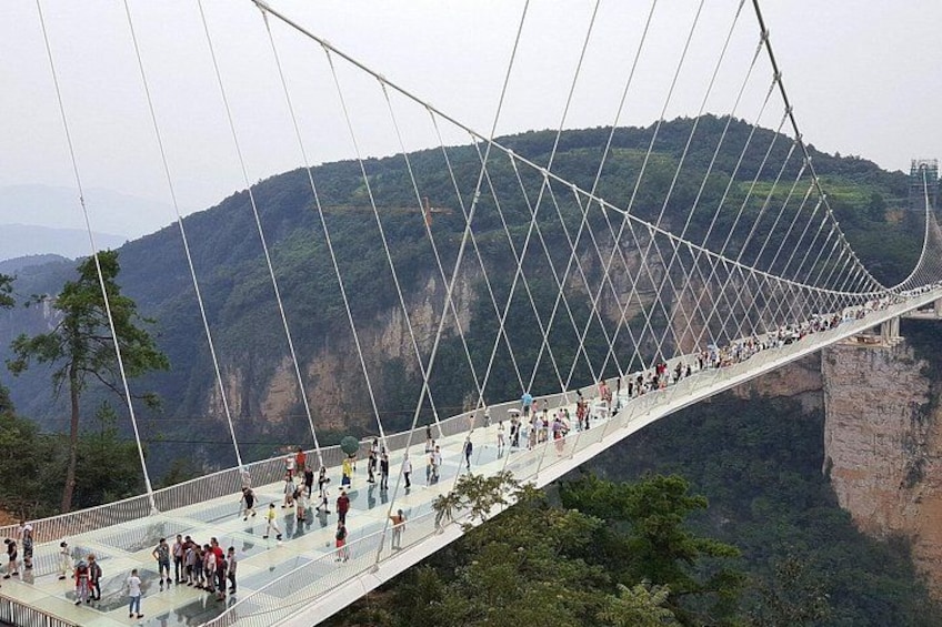 A suspension bridge with people walking on it, surrounded by a mountainous landscape. 4