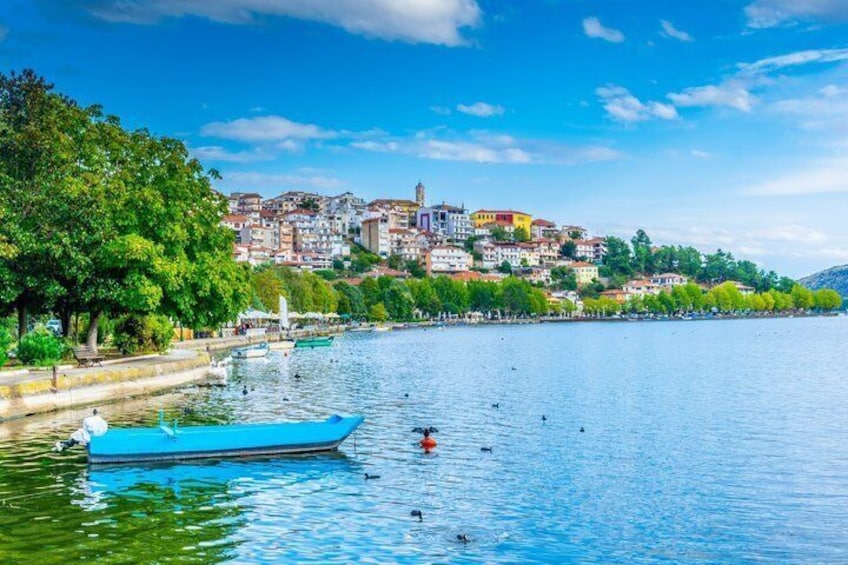 Un lago tranquillo con una barca blu, una riva alberata e una pittoresca cittadina collinare sullo sfondo. 1