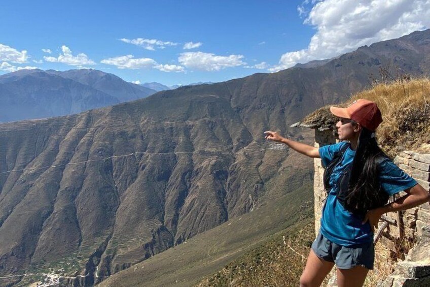 A person standing on a mountain ridge, pointing towards a valley. 4