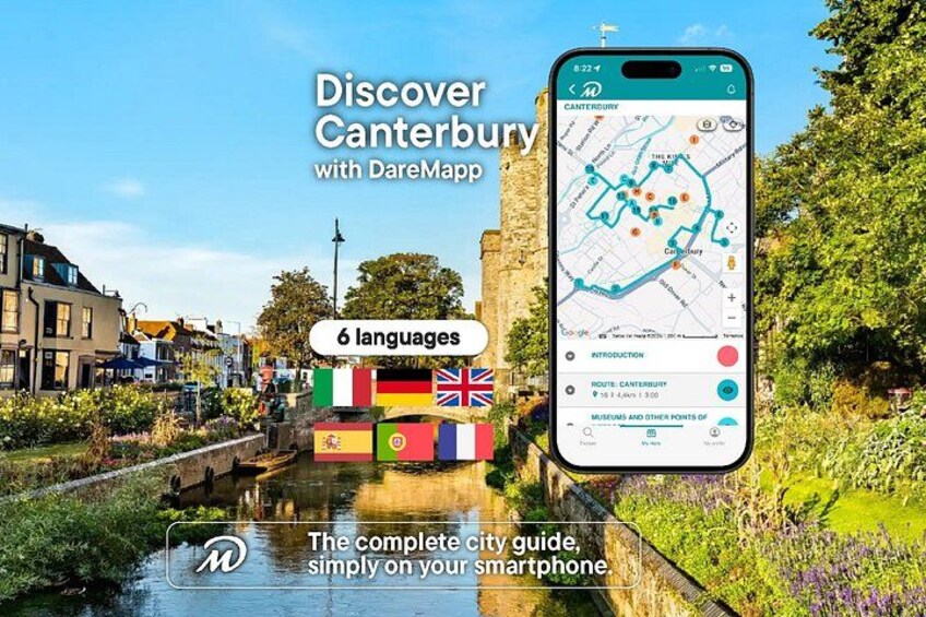 Un teléfono inteligente mostrando un mapa de Canterbury con opciones de ruta e idiomas. 1