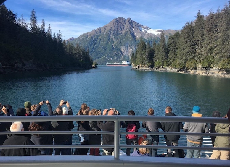 A group of people on a boat observing a ship in the distance, surrounded by a mountainous landscape. 5