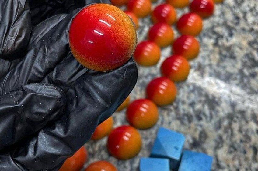 Una persona con guantes negros sostiene un tomate rojo y anaranjado. 5