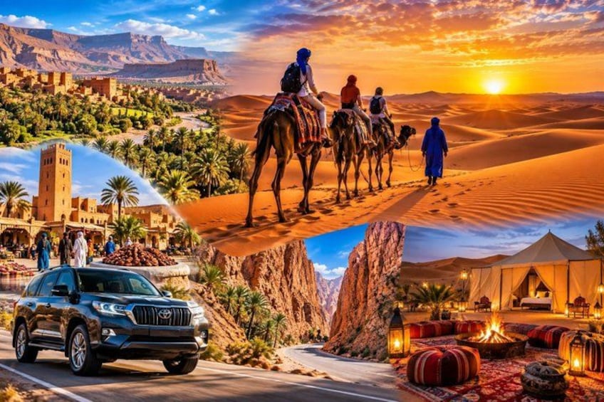 A desert landscape with camels, a tent, and a car. 1