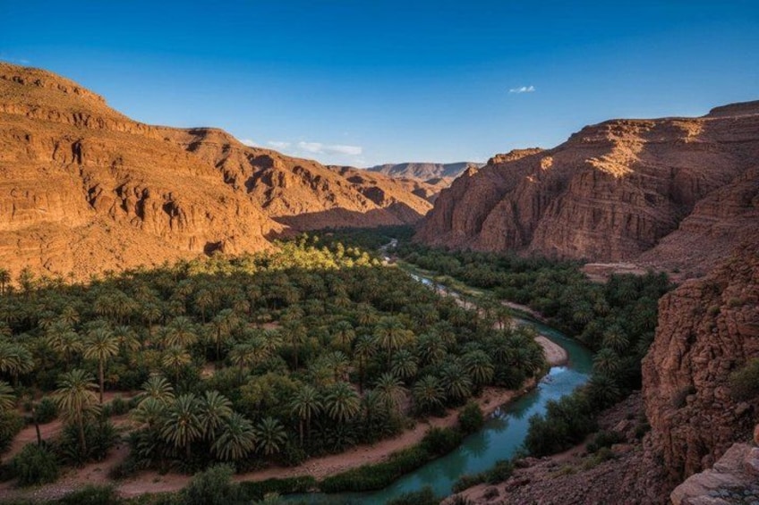 A river winding through a valley with palm trees and rocky mountains. 3