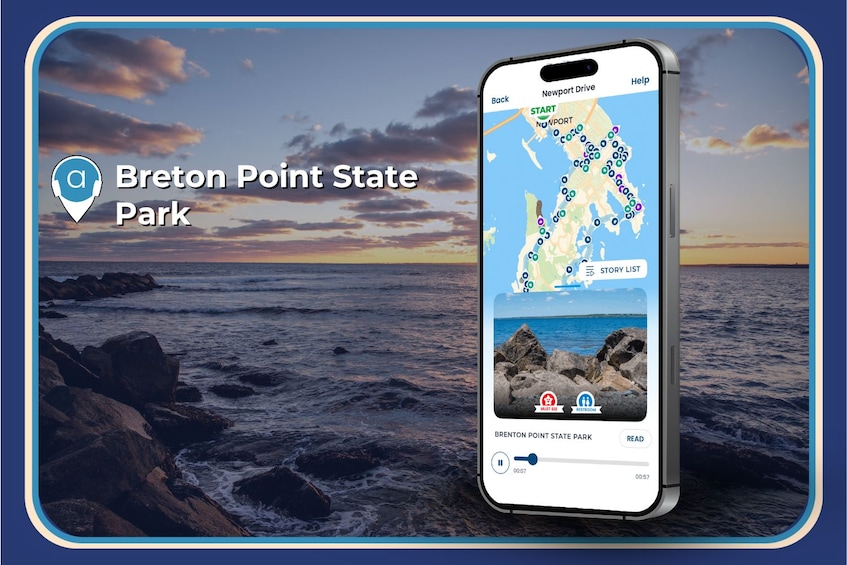Un teléfono inteligente mostrando un mapa con un marcador de ubicación para el Parque Estatal Bretton Point. 5