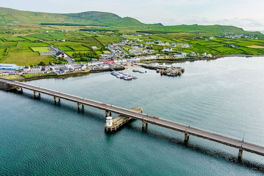 A coastal town with a bridge, boats, and green fields. 5