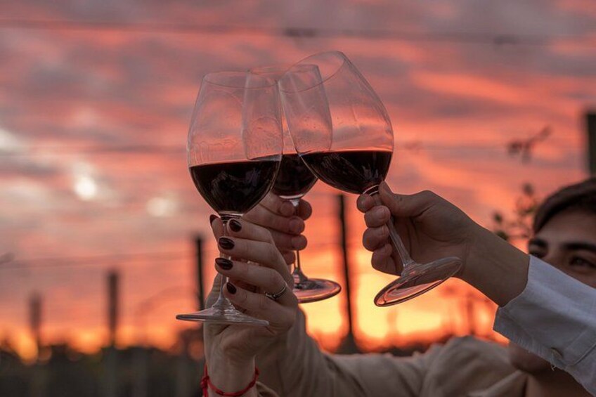 Dos personas brindando con copas de vino al atardecer. 1