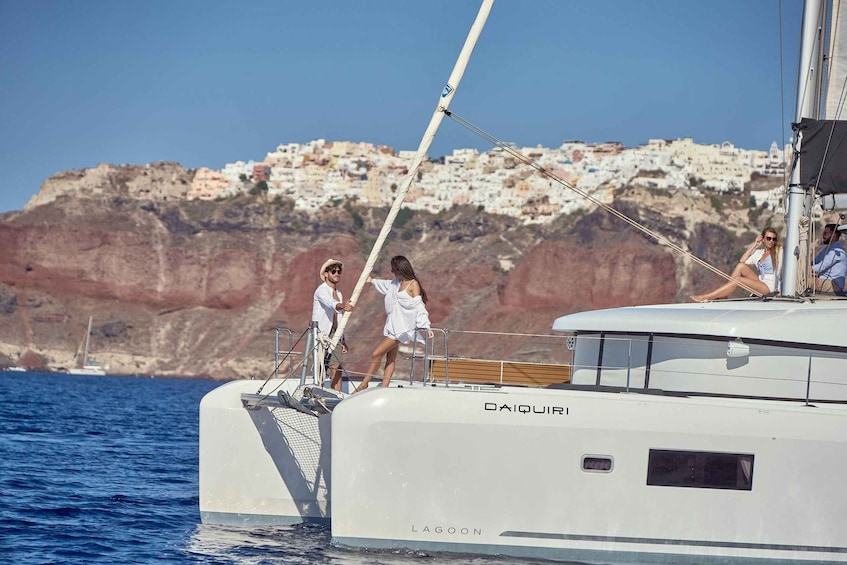 Santorini: Day Luxury Catamaran Cruise w Fresh Fish & Drinks 1