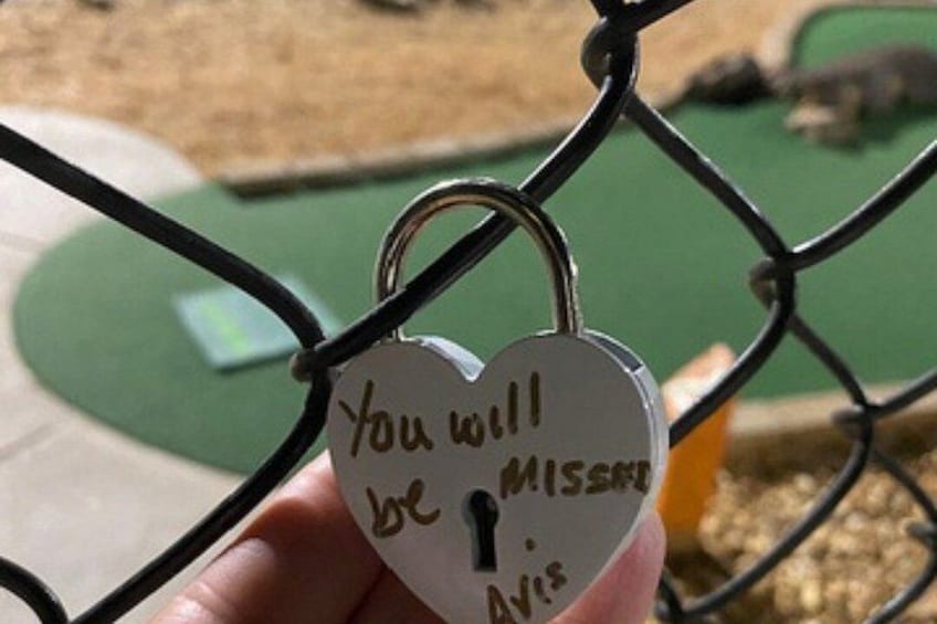 A heart-shaped padlock with a message on it. 4