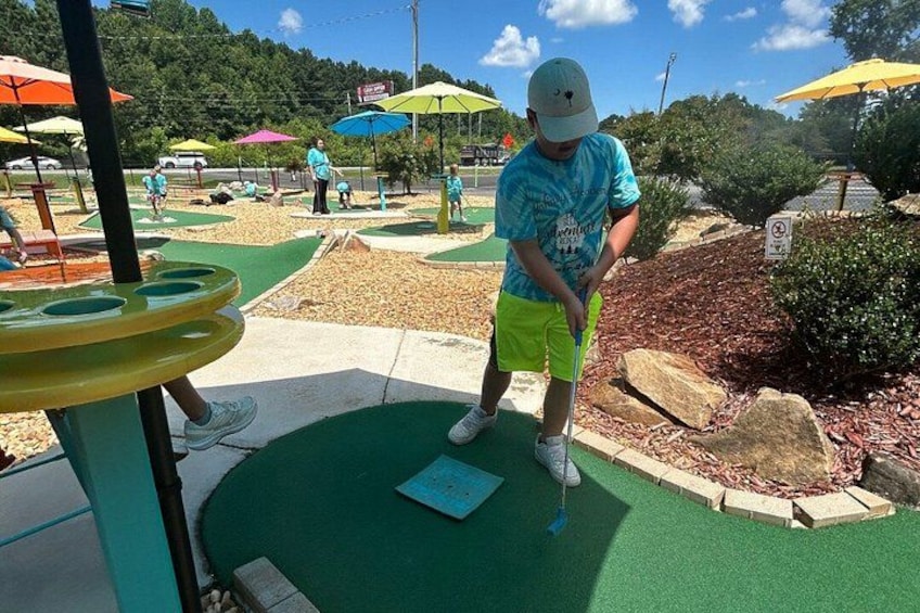 A person playing golf on a green mat with a putting green, surrounded by trees and umbrellas. 3