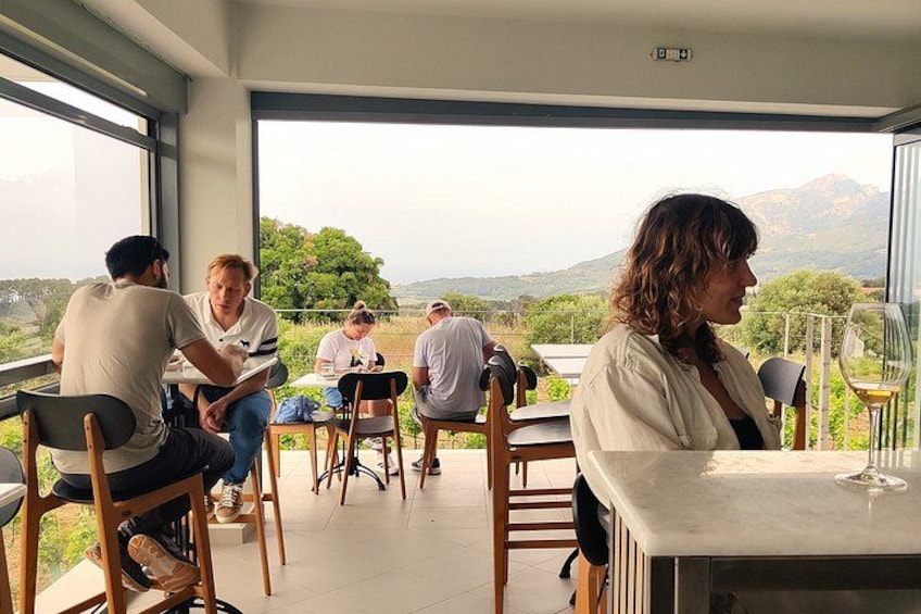 A group of people dining at a table with a view of the mountains. 4