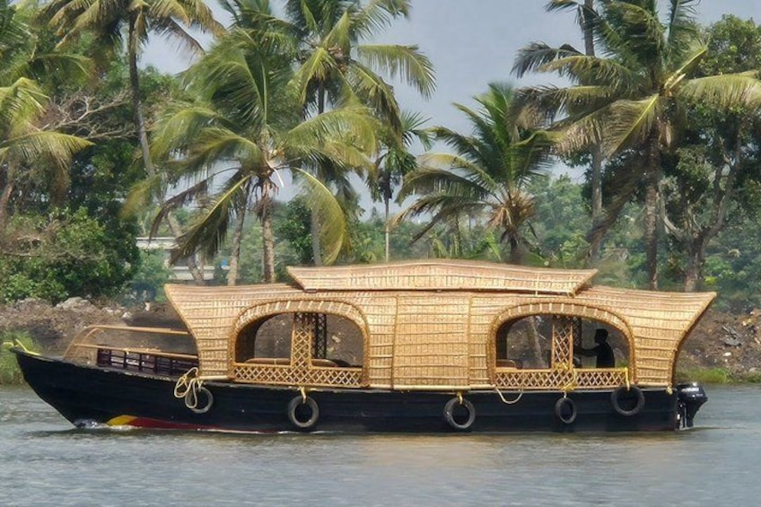 Een traditionele boot met rieten dak, palmbomen en kalm water. 4