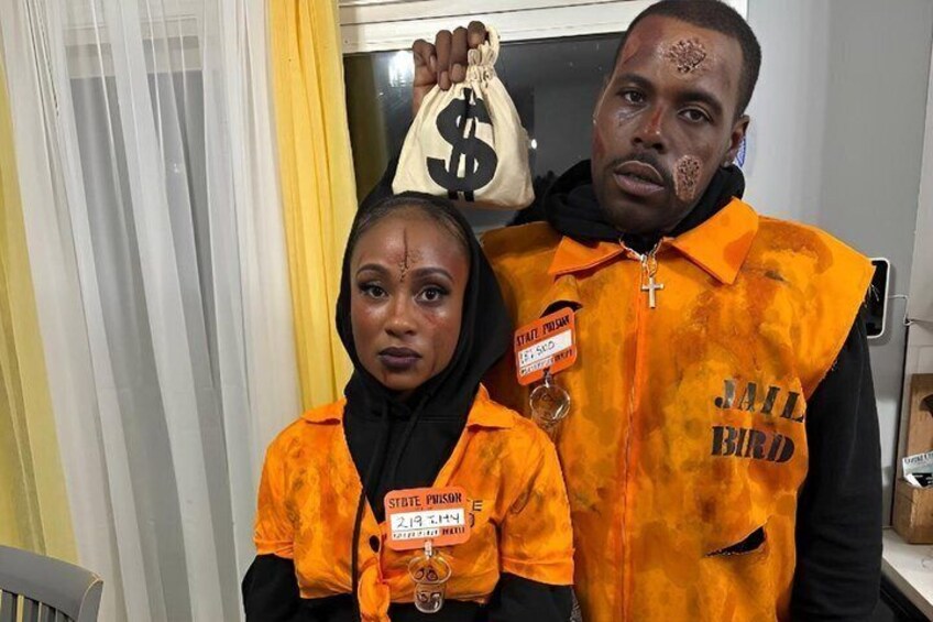Two individuals wearing orange vests with 'JAIL BIRD' text, holding a bag with a dollar sign. 4