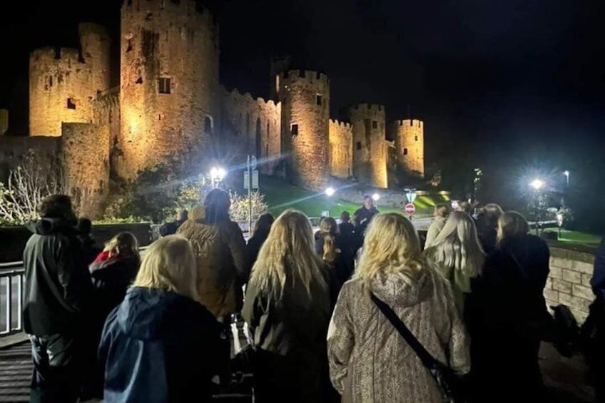 A group of people gathered in front of a historic castle at night. 1