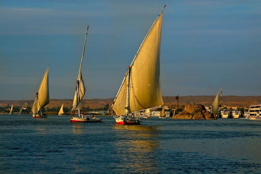 Sailboats on a calm river with a cityscape in the background. 3