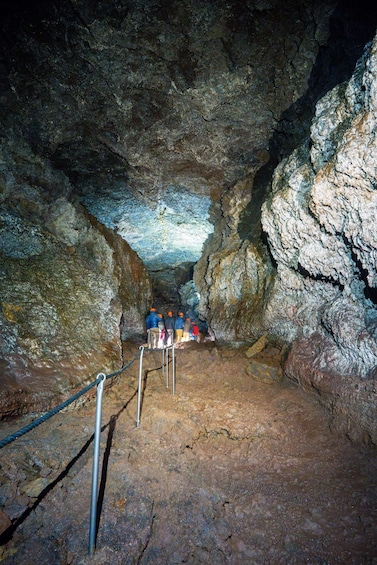 A cave with stalactites and stalagmites, a rope barrier, and visitors. 4