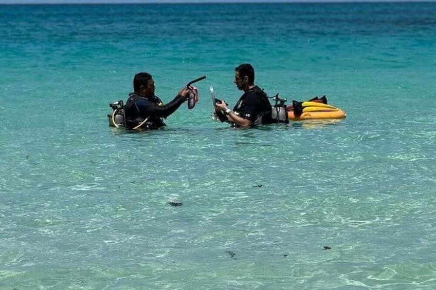 Dos personas bajo el agua con equipo de buceo, una señalando algo a lo lejos. 2