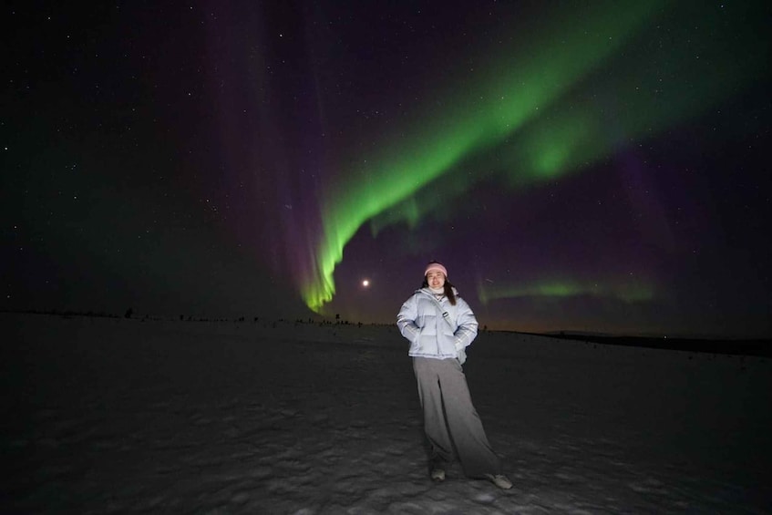 A person standing on a snowy landscape under a night sky with green aurora borealis. 5