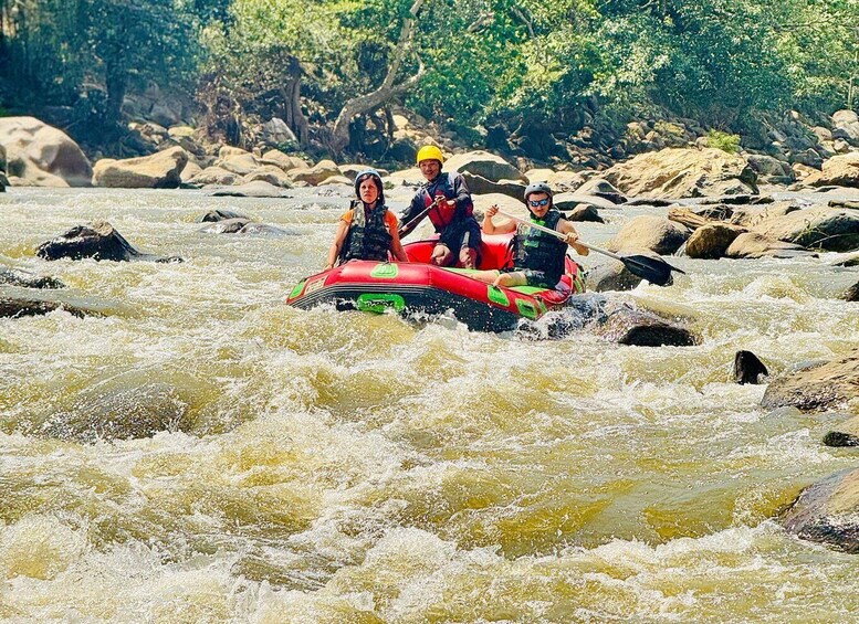 A group of people rafting on a river with rocks and trees in the background. 5