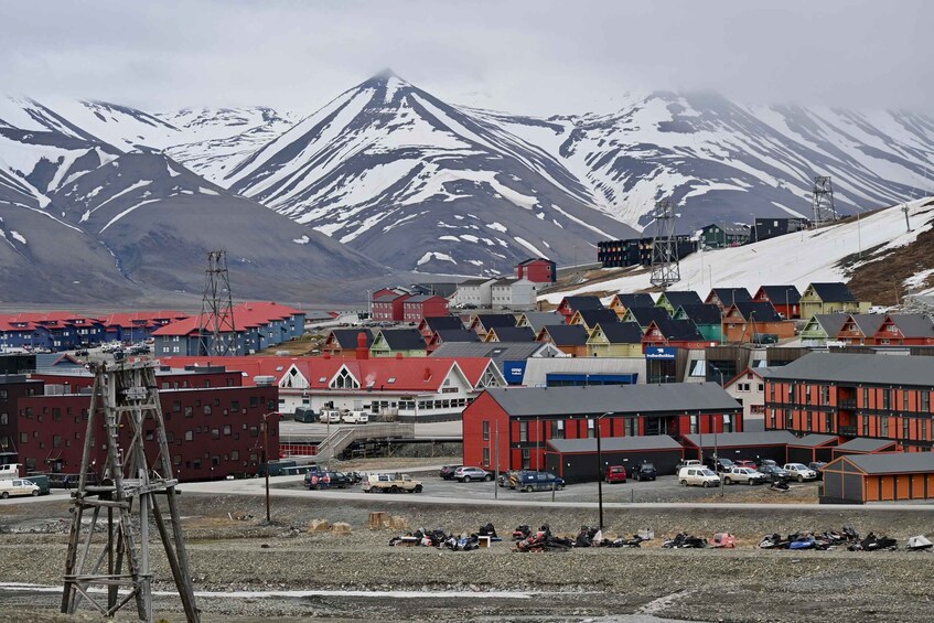 A town with colorful houses, a mountain range, and a power transmission tower. 1