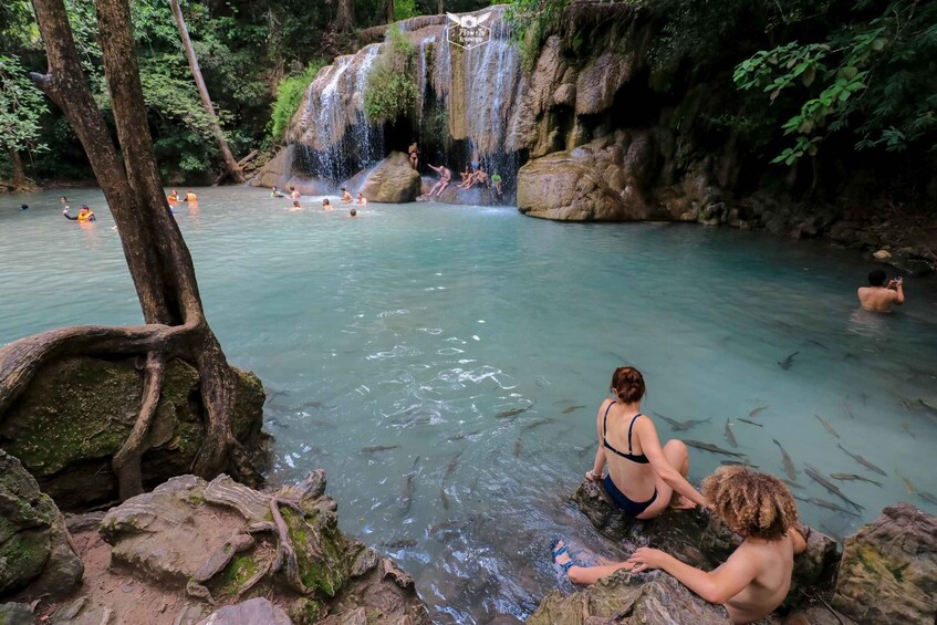 A waterfall, people swimming, and a forested area. 3