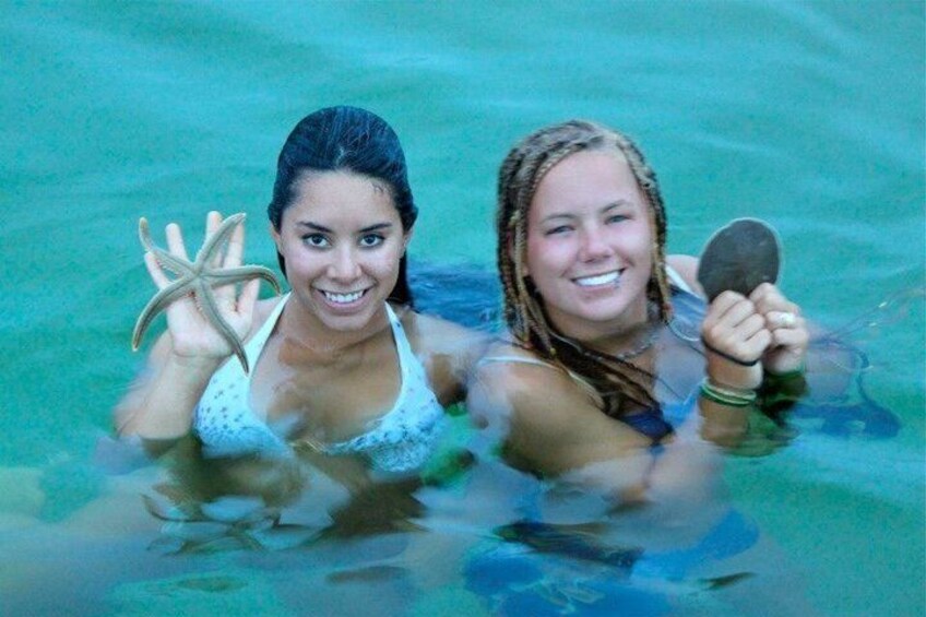 Dos personas en una piscina sosteniendo estrellas de mar. 5