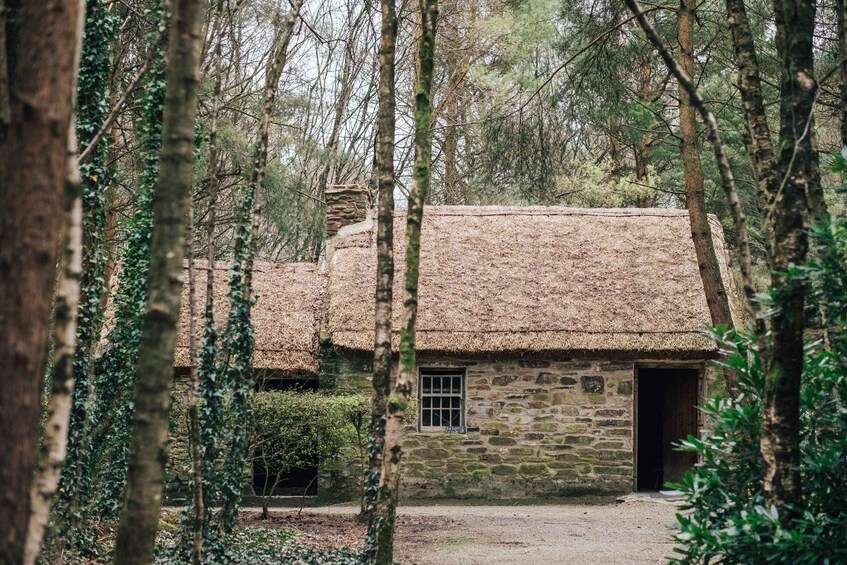 A stone cottage with a thatched roof surrounded by trees. 5