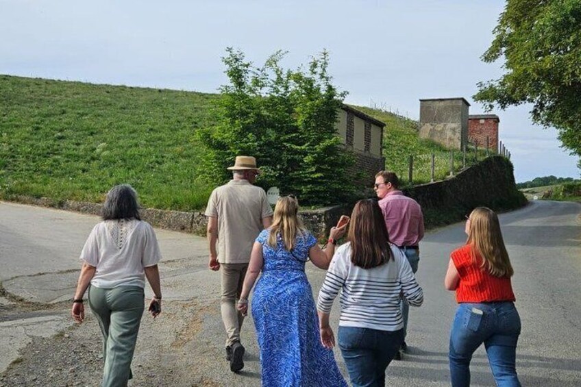 Eine Gruppe von Menschen geht auf einer Straße entlang, im Hintergrund ein grüner Hügel und ein Gebäude. 1