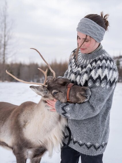 A person hugging a reindeer in a snowy landscape. 2