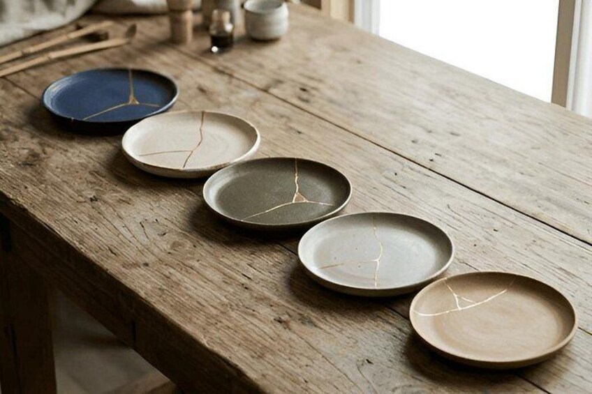Cinco platos de cerámica con grietas sobre una mesa de madera. 5