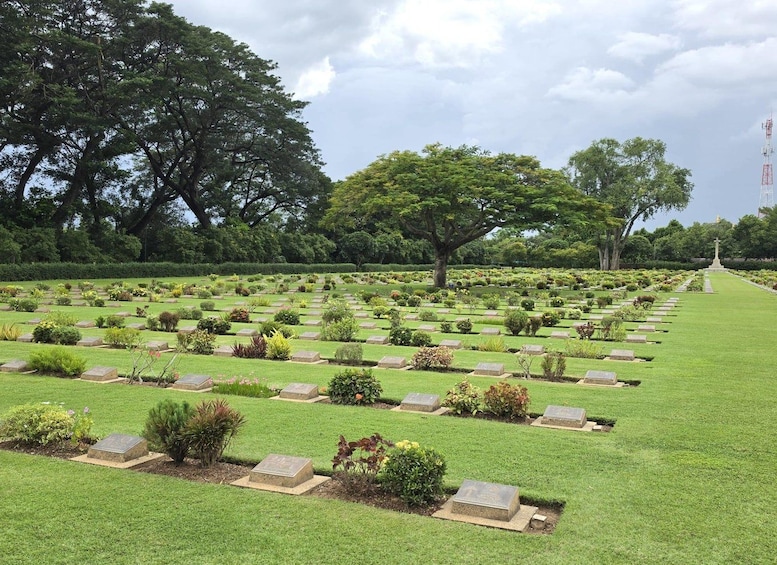 A cemetery with rows of headstones and trees. 2