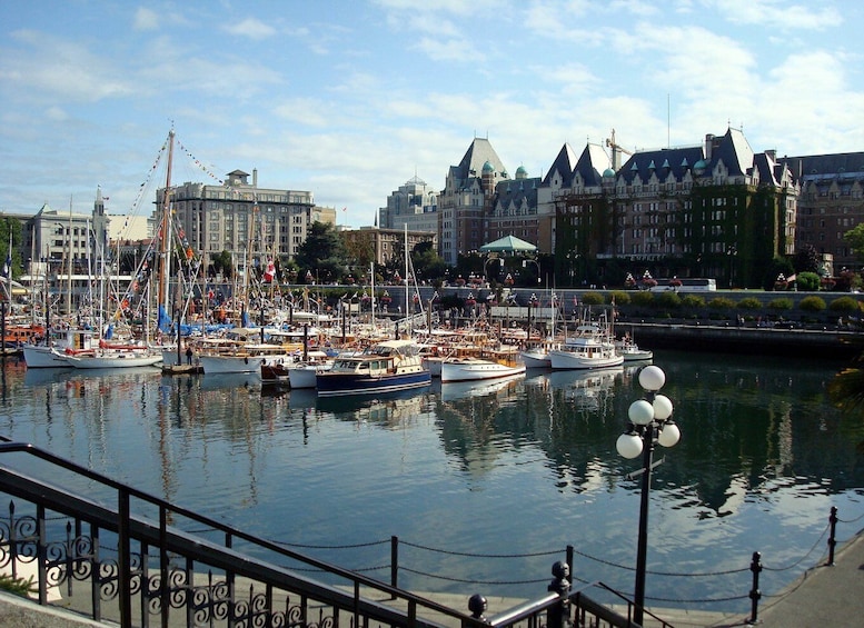 A harbor with boats, a bridge, and historic buildings. 4
