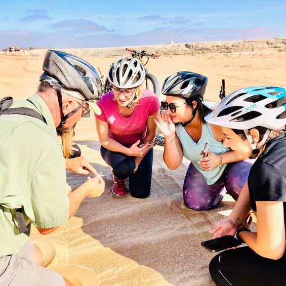 A group of cyclists in a desert landscape with a clear sky. 2